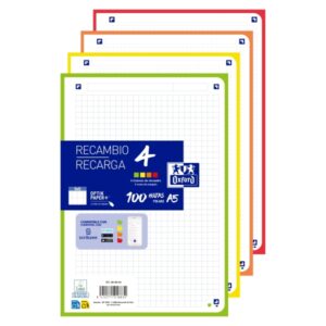 oxford recambios de 100 hojas formato a5 cuadricula 5x5mm 4 taladros digitalizacion de textos con app bandas de colores surtidos