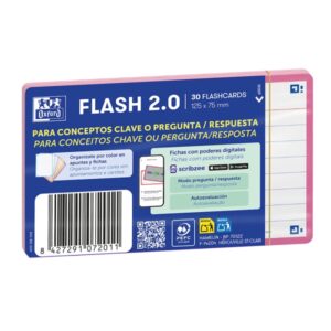 oxford pack de 30 flashcards 2.0 formato a7 rayado horizontal 1 linea cartulina de 250g digitalizacion de textos con app color rosa