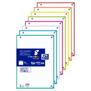 oxford recambio de 160 hojas con 4 taladros formato a4 cuadricula 5x5 enmarcada anti traspaso de tinta digitalizacion de textos con app colores surtidos