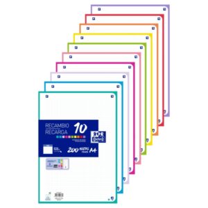 oxford recambio de 200 hojas con 4 taladros formato a4 cuadricula 5x5 enmarcada anti traspaso de tinta digitalizacion de textos con app colores surtidos