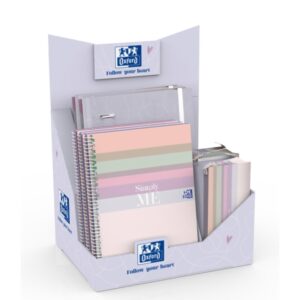 oxford cute expositor con 13 productos 4 carpetas de anillas a4+ 5 cuadernos de espiral a5+ 4 estuches portatodo triangulares colores surtidos