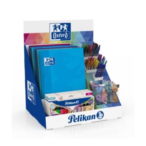 oxford expositor con 5 cuadernos 20 correctores en cinta 20 gomas de borrar 50 boligrafos de colores 12 lapiceros de grafito 4 packs de marcadores fluorescentes colores surtidos