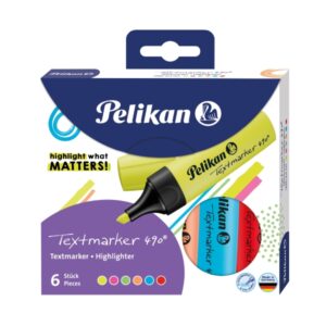 pelikan textmarker 490 pack de 6 marcadores fluorescentes base de agua punta biselada con 3 anchos de trazo colores surtidos