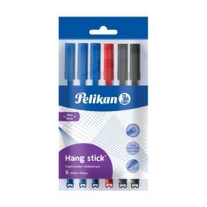 pelikan hang stick pack de 6 boligrafos de colores trazo de 1mm capuchon antiasfixia cuerpo triangular ergonomico gancho tinta a base de aceite colores surtidos