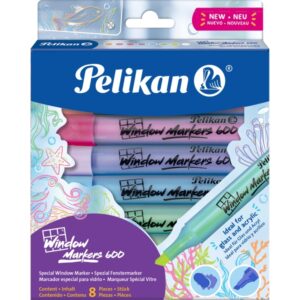 pelikan window marker 600 pack de 8 marcadores para superficies lisas punta biselada con 3 grosores ideal para uso en cristales, acrilicos, latex y otras superficies lisas colores surtidos