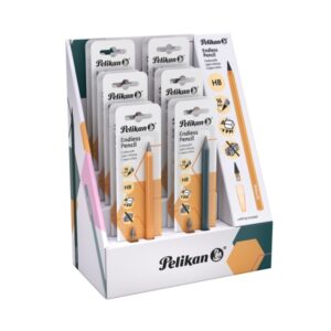 pelikan expositor con 12 lapices infinitos cuerpo de aluminio permite escribir hasta 16km sin afilar capuchon a juego borrable colores surtidos