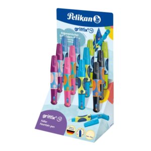 pelikan griffix expositor con 12 plumas estilograficas para diestros plumin de acero inoxidable 3 puntos de agarre con indicador ergonomico tapa protectora colores surtidos