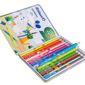 pelikan pack de 12 lapices de colores jumbo caja de metal triangulares cuerpo decorado lavables no toxico colores surtidos