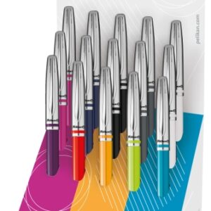 pelikan jazz classic expositor con 15 boligrafos retractiles trazo de 1mm mecanismo de giro capuchon y clip cromados recambio 337m negro colores surtidos