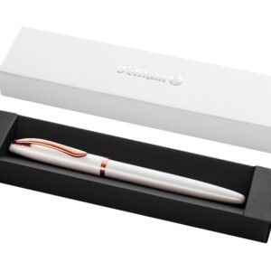 pelikan jazz noble pluma estilografica punta m cuerpo satinado con detalles cromados mecanismo de cartucho universal estuche de regalo color perla