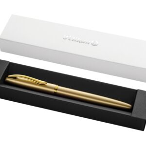 pelikan jazz noble pluma estilografica punta m cuerpo satinado con detalles cromados mecanismo de cartucho universal estuche de regalo color oro