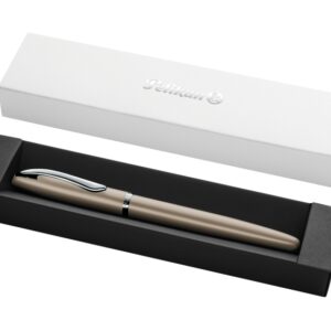 pelikan jazz noble pluma estilografica punta m cuerpo satinado con detalles cromados mecanismo de cartucho universal estuche de regalo color pardo