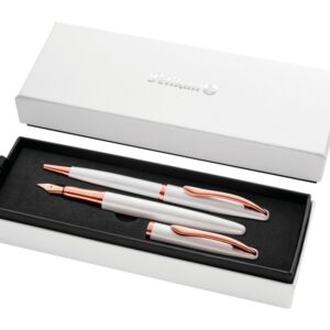 pelikan jazz noble set de boligrafo y estilografica cuerpo satinado con detalles cromados incluye estuche de regalo color perla