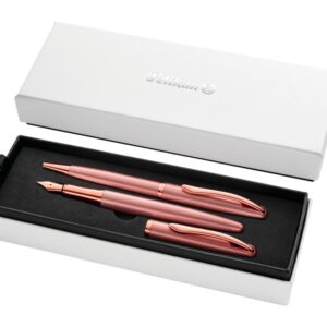 pelikan jazz noble set de boligrafo y estilografica cuerpo satinado con detalles cromados incluye estuche de regalo color rosa