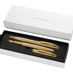 pelikan jazz noble set de boligrafo y estilografica cuerpo satinado con detalles cromados incluye estuche de regalo color oro