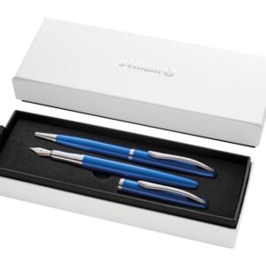 pelikan jazz noble set de boligrafo y estilografica cuerpo satinado con detalles cromados incluye estuche de regalo color zafiro