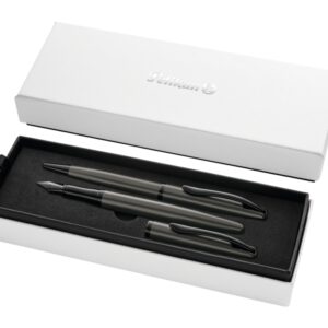 pelikan jazz noble set de boligrafo y estilografica cuerpo satinado con detalles cromados incluye estuche de regalo color gris oscuro
