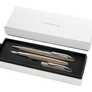 pelikan jazz noble set de boligrafo y estilografica cuerpo satinado con detalles cromados incluye estuche de regalo color pardo