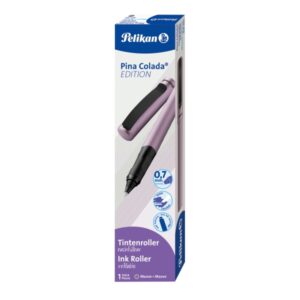 pelikan pina colada boligrafo recargable trazo de 0.7mm agarre ergonomico ambidiestro cuerpo rayado efecto metalico cartucho tp6 azul real color malva