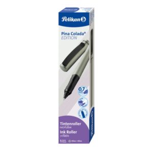 pelikan pina colada boligrafo recargable trazo de 0.7mm agarre ergonomico ambidiestro cuerpo rayado efecto metalico cartucho tp6 azul real color oliva