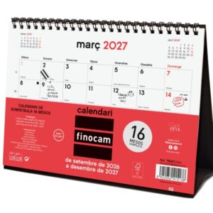 finocam neutro calendario de sobremesa en catalan 16 meses mes vista formato s 210x150mm espiral doble metalica papel de 120g/m2 listado de festivos color rojo/blanco