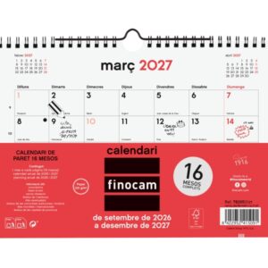 finocam neutro calendario de pared en catalan 16 meses mes vista formato s 210x150mm espiral doble metalica papel de 120g/m2 listado de festivos color rojo/blanco