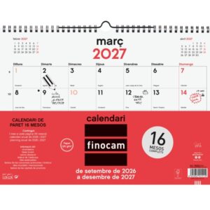 finocam neutro calendario de pared en catalan 16 meses mes vista formato l 340x240mm espiral doble metalica papel de 120g/m2 listado de festivos color rojo/blanco