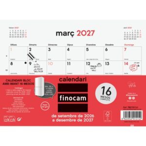 finocam neutro bloc calendario con iman en catalan 16 meses mes vista formato s 210x150mm listado de festivos papel de 120g/m2 listado de festivos color rojo/blanco