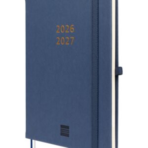 finocam minimal agenda de tapa dura internacional 18 meses semana vista horizontal formato m5 140x190mm papel crema de 80g/m2 bolsillo interior cierre con goma color azul