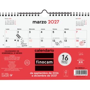 finocam neutro calendario de pared 16 meses mes vista formato s 210x150mm espiral doble metalica papel de 120g/m2 listado de festivos color rojo/blanco
