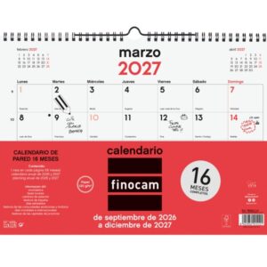 finocam neutro calendario de pared 16 meses mes vista formato l 340x240mm espiral doble metalica papel de 120g/m2 listado de festivos color rojo/blanco