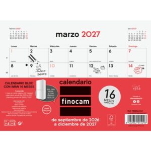 finocam neutro bloc calendario con iman 16 meses mes vista formato s 210x150mm listado de festivos papel de 120g/m2 listado de festivos color rojo/blanco