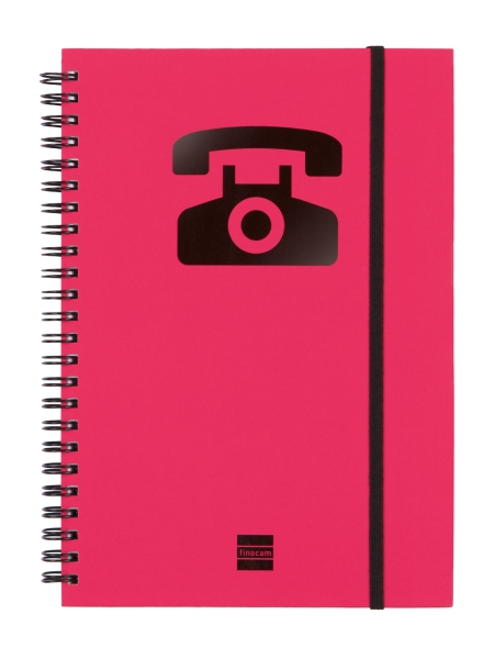 finocam phone indice telefonico formato a5 148x210mm tapas de carton forrado papel de 120g/m2 cierre con goma elastica espiral doble metalica color magenta