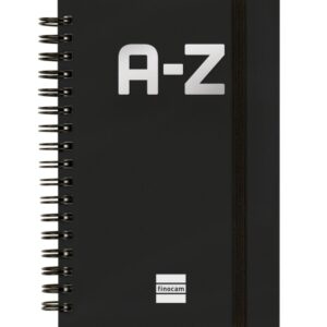 finocam a z indice alfabetico formato 8º 100x150mm tapas de carton forrado papel de 80g/m2 cierre con goma elastica espiral doble metalica color negro