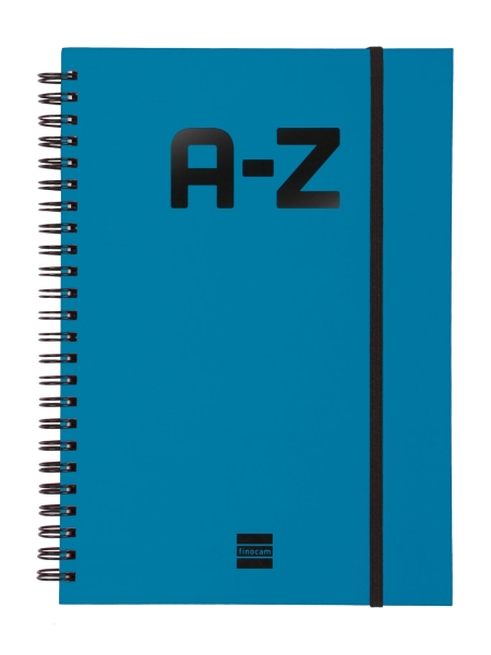 finocam a z indice alfabetico formato a5 148x210mm tapas de carton forrado papel de 80g/m2 cierre con goma elastica espiral doble metalica color azul