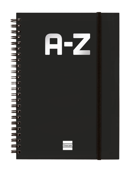 finocam a z indice alfabetico formato a5 148x210mm tapas de carton forrado papel de 80g/m2 cierre con goma elastica espiral doble metalica color negro