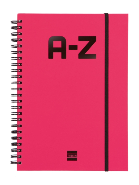 finocam a z indice alfabetico formato a5 148x210mm tapas de carton forrado papel de 80g/m2 cierre con goma elastica espiral doble metalica color magenta