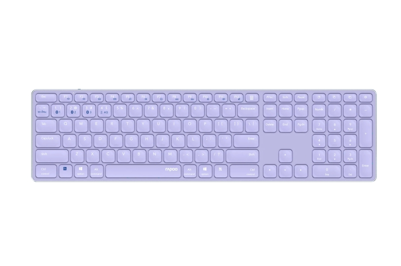 rapoo e9800m teclado compacto ultafino inalambrico bluetooth y 2.4ghz base de aluminio bateria recargable ecologica color purpura