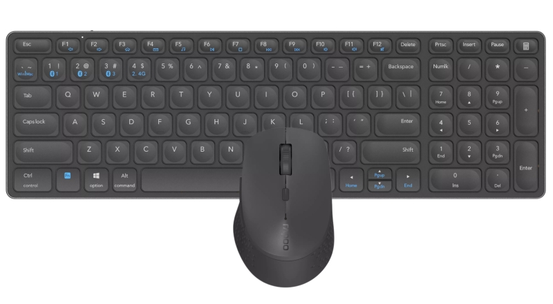 rapoo 9700m pack teclado ultrafino + raton inalambricos bluetooth y 2.4ghz raton 1600 dpi bateria recargable ecologica autonomia hasta 12 meses color negro