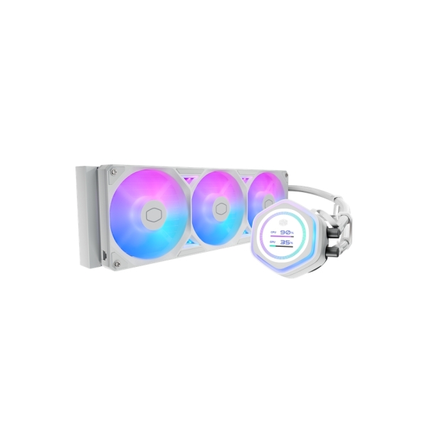 cooler master masterliquid 360 atmos ii lcd argb kit de refrigeracion liquida ventiladores preinstalados dual chamber pantalla de 2.1" color blanco