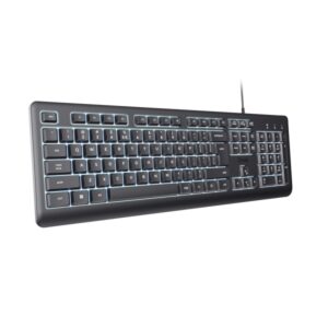 trust primo teclado de formato completo con cable usb c retroiluminacion led proteccion contra derrames 104 teclas silenciosas adaptador usb a 22x184x436mm color negro