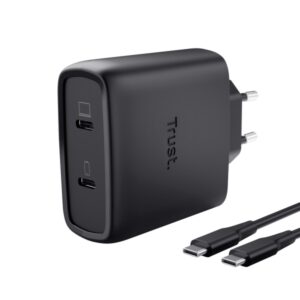 trust maxo cargador de pared 65w gan 2xusb c cable usb c de 2m power delivery plastico reciclado 30x63x97mm color negro