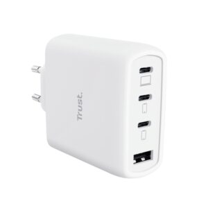 trust maxo cargador de pared 65w gan 3xusb c usb a cable usb c de 2m power delivery plastico reciclado 30x63x97mm color blanco