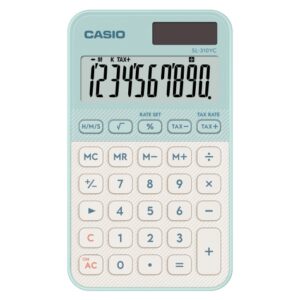 casio sl 310yc calculadora de bolsillo con pantalla lcd de 10 digitos calculo de impuestos alimentacion solar y pilas compacta y ligera color verde claro/blanco