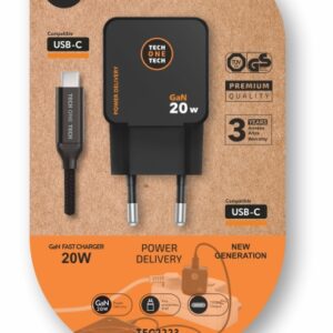 techonetech cargador de pared ultrarrápido gan 20w negro + cable usb c