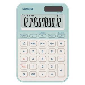 casio sl 20yc calculadora de sobremesa con pantalla lcd de 12 digitos calculo de impuestos, porcentajes, raiz cuadrada etc... alimentacion solar y pilas color verde claro/blanco