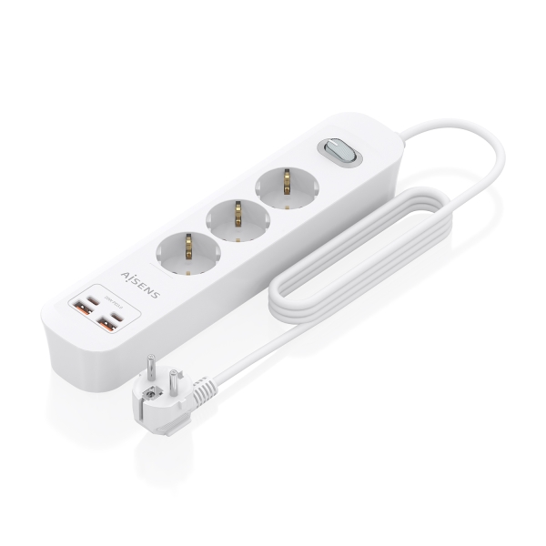 aisens regleta con 3 tomas schuko 2xusb c 2xusb a cable de 1.4m interruptor con indicador led power delivery 3.0 qualcomm 3.0 color blanco