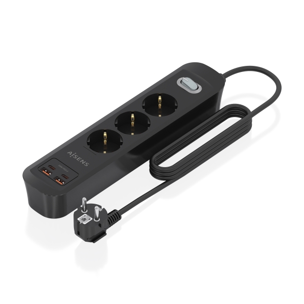 aisens regleta con 3 tomas schuko 2xusb c 2xusb a cable de 1.4m interruptor con indicador led power delivery qualcomm 3.0 color negro