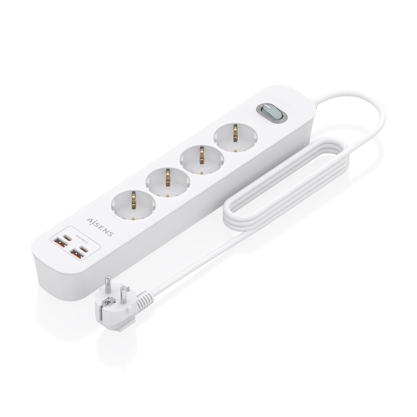 aisens regleta con 4 tomas schuko 2xusb c 2xusb a cable de 1.4m interruptor con indicador led power delivery qualcomm 3.0 color blanco