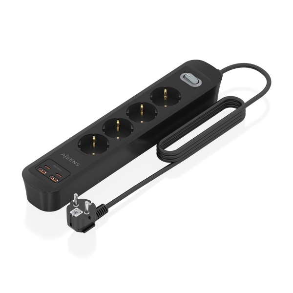 aisens regleta con 4 tomas schuko 2xusb c 2xusb a cable de 1.4m interruptor con indicador led power delivery qualcomm 3.0 color negro